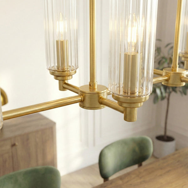 English Elm Willow Eight Light Linear Island Pendant Satin Brass Ribbed Glass Kitchen Fixture B183P231769