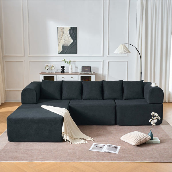 English Elm 106" Modular Sectional Sofa with Deep Seat Velvet Upholstery, Boneless L Shaped Chaise, 5 Pillows, No Assembly Required Black W3163S00043
