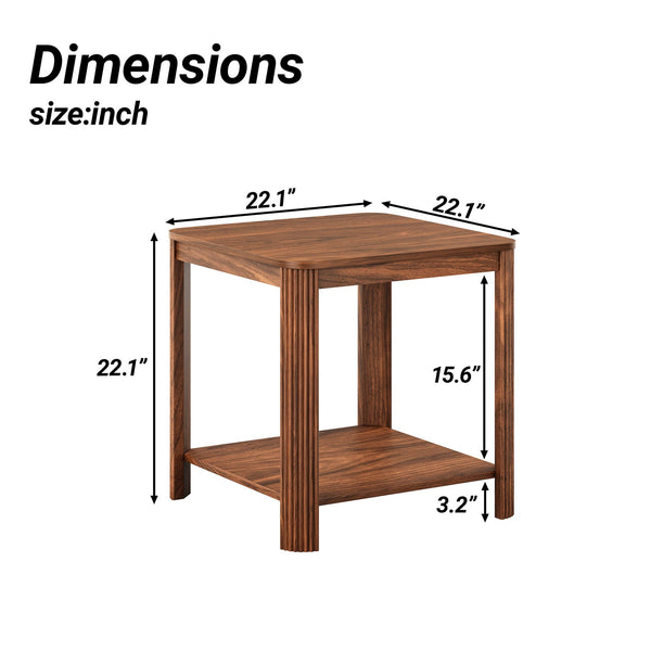 English Elm Rounded Square End Tables Set of 2 Boho Walnut with Wave Legs and Open Shelf W5563P449956