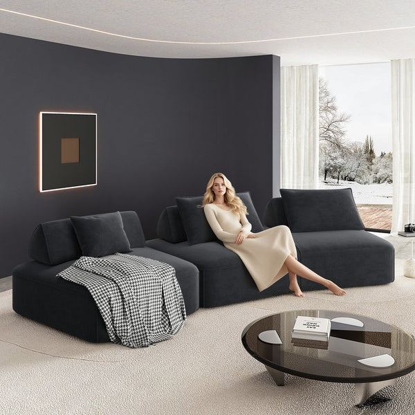 English Elm 139" Modern Oversized Modular Sectional Sofa Set - Fluffy Chenille Upholstery, Deep Seats, Removable Backrests, Plush Pillows, No Assembly Required DARK GREY W3219S00002
