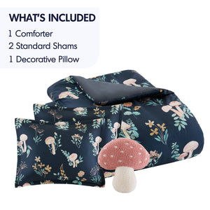 English Elm 4-piece Whimsical Mushroom Floral Microfiber Comforter Set with Shaped Accent Pillow Navy Multi B035P482879