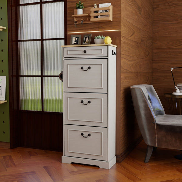 English Elm Shoe Storage Cabinet - Slim Freestanding Organizer With 1 Drawer, 3 Flip Drawers & Adjustable Shelf W1120P290634-GIGA