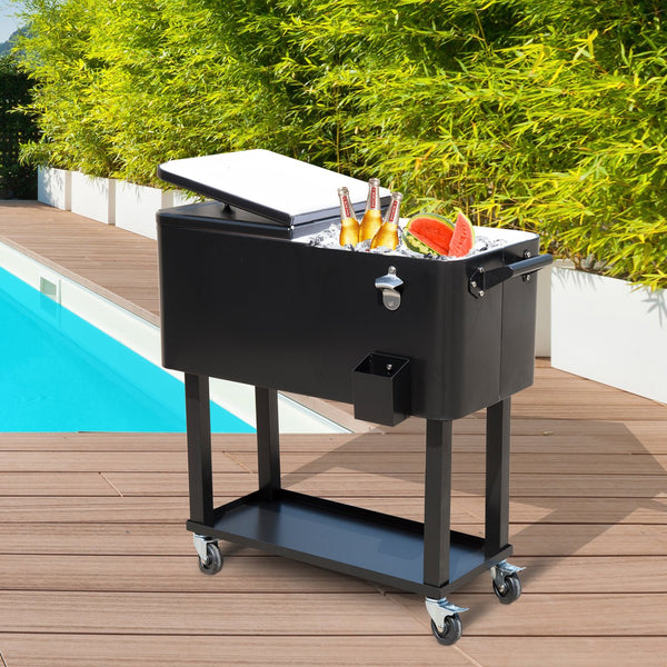 English Elm Outsunny 80 Quart Rolling Ice Chest Cart with Wheels Drain Plug Outdoor Beverage Cooler W2225P217546