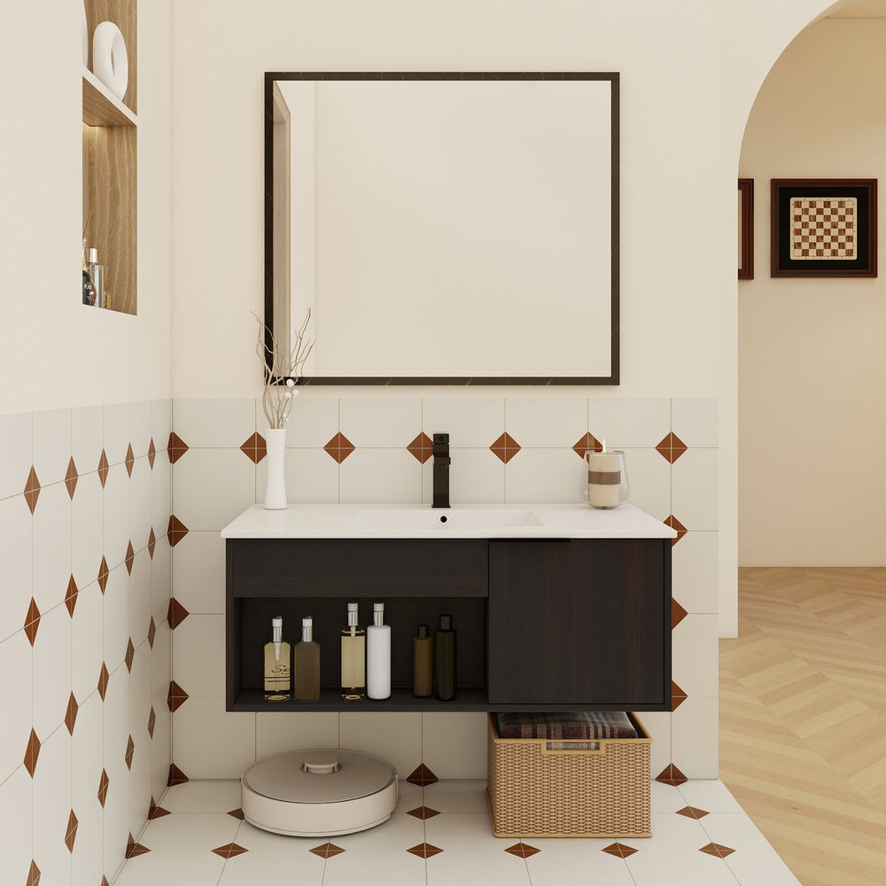 English Elm 36" Floating Bathroom Vanity Dark Oak Ceramic Sink Open Shelf Soft Close Storage W3450P435874