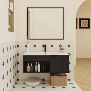 English Elm 36" Floating Bathroom Vanity Dark Oak Ceramic Sink Open Shelf Soft Close Storage W3450P435874