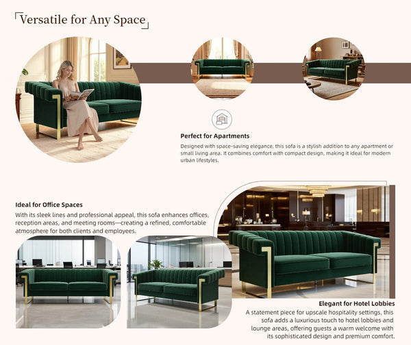 English Elm FX-P81-RG2 Black Velvet Chesterfield Sofa with Gold L Legs, Channel Tufted 3-Seater for Glam Rooms W576S00089