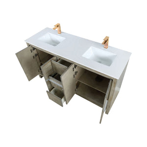 English Elm Rustic Acacia Double Bath Vanity 60" W X 20" D, White Quartz Top & Rose Gold Faucet For Elegance B2731P259213-GIGA