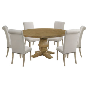 English Elm Rustic Honey Pine Pedestal Round Dining Set Seats Four with Nailhead Chair Trim B062S01830