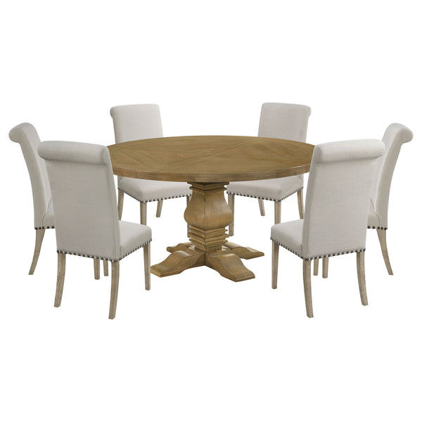 English Elm Rustic Honey Pine Pedestal Round Dining Set Seats Four with Nailhead Chair Trim B062S01830
