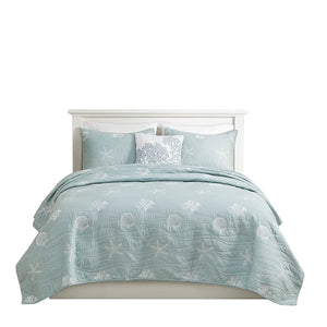 English Elm 4 Harbor House Seaside Cotton Percale Reversible Quilt Set with Embroidered Starfish and Shells, Full/Queen Aqua 20.87 L x 16.93 W x 11.81 H B03595791