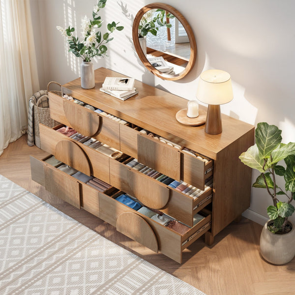 English Elm Modern Fluted 6 Drawer Dresser with Solid Wood Legs Japandi Chest for Bedroom Natural N739S0000013W