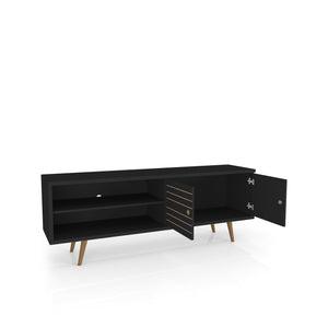 English Elm Liberty 71" TV Stand with Mid-Century Splayed Legs, Wire Management, Drawer & Cubby Storage Black B365P398404