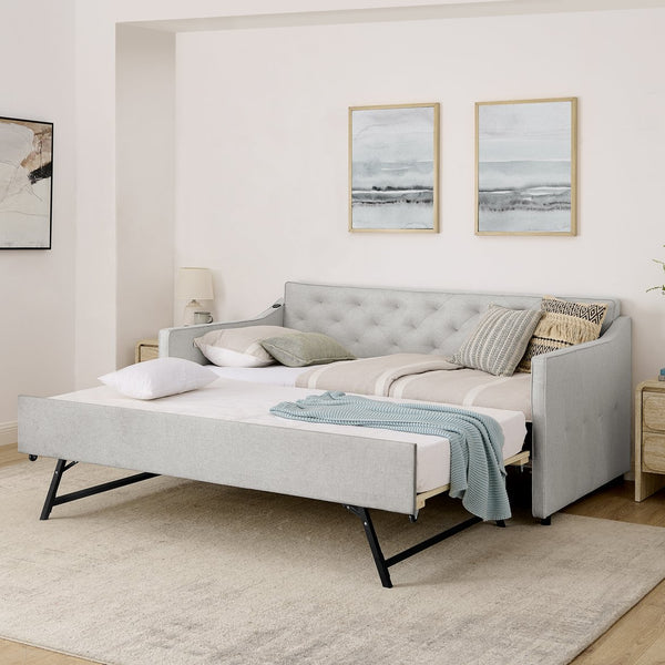 English Elm Twin Linen Tufted Daybed with Pop up Trundle and Usb Port for Guest Rooms W1413S00129
