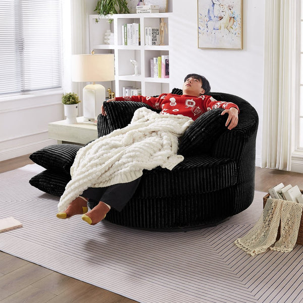 English Elm 360° 360 Swivel Round Lounge Chair Corduroy Upholstered Sculptural Seat with Removable Pillows Black W3705S00036