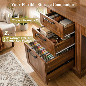 English Elm 59" Fluted Oak L-shaped Corner Desk with Charging Station Monitor Stand and File Storage Dark Walnut W2917S00007