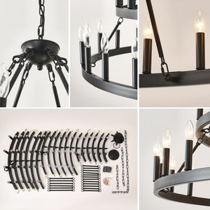 English Elm 53.15 Inch Wagon Wheel Chandelier Matte Black 18 Light Farmhouse Industrial Large Room W5008P389109
