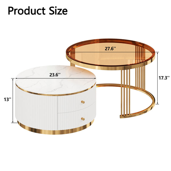 English Elm Modern Round Nesting Coffee Table Set with Gold Pedestal Legs and Storage Drawers Brown,White N735P349323D