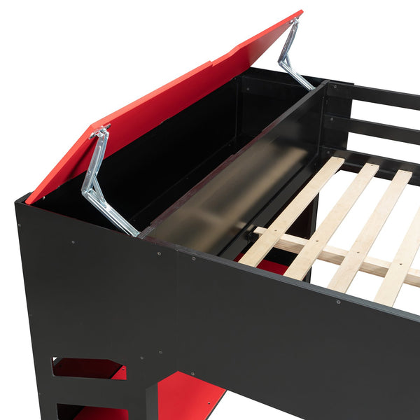 English Elm Full Size Loft Bed with Rgb Lighting Desk Drawers Hanging Rod Teen Bedroom Red LT000288AAJ-1