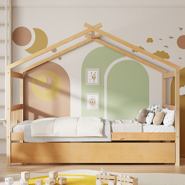 English Elm Twin House Bed Solid Pine Cottage Frame with Pull Out Trundle for Kids Bedroom Natural N708P309238M