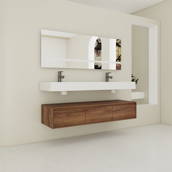 English Elm 60 Inch Wall-Mounted Bathroom Vanity With Dual Resin Sinks, Soft-Close Drawers & Modern Elegance W999S00259