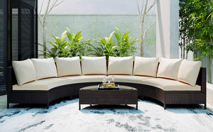English Elm Topmax Five Piece Modular Outdoor Sectional Pe Rattan Patio Set with Glass Table Beige N717S100149A