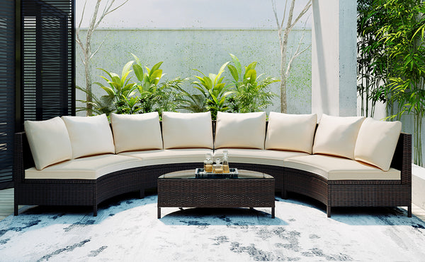 English Elm Topmax Five Piece Modular Outdoor Sectional Pe Rattan Patio Set with Glass Table Beige N717S100149A