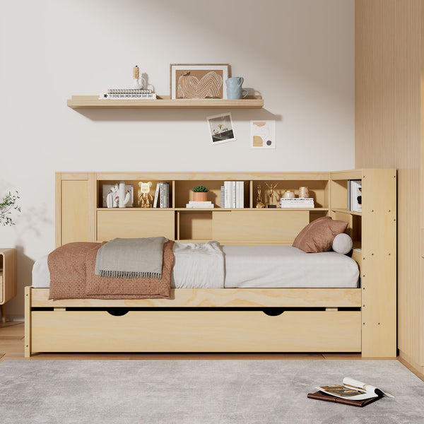 English Elm Twin Daybed with Built-In Shelves, USB Port & Trundle — Solid Pine Frame, Sturdy Storage and Smooth Wheels for Space-Saving Sleep Solutions Natural GX000467AAN