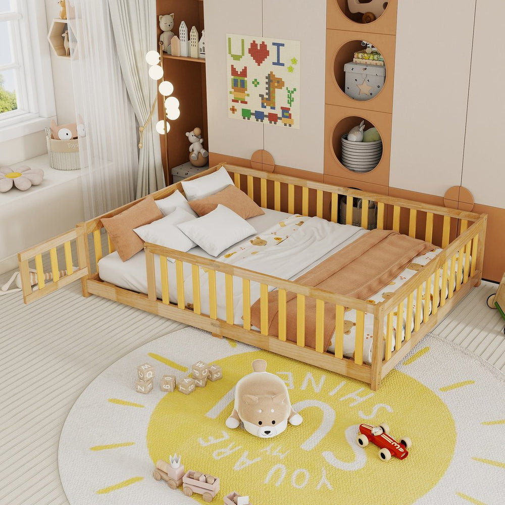 English Elm Full Size Floor Bed With Safety Guardrails, Eco-Friendly Rubber Wood, Minimalist Design & Easy Access W504P286380