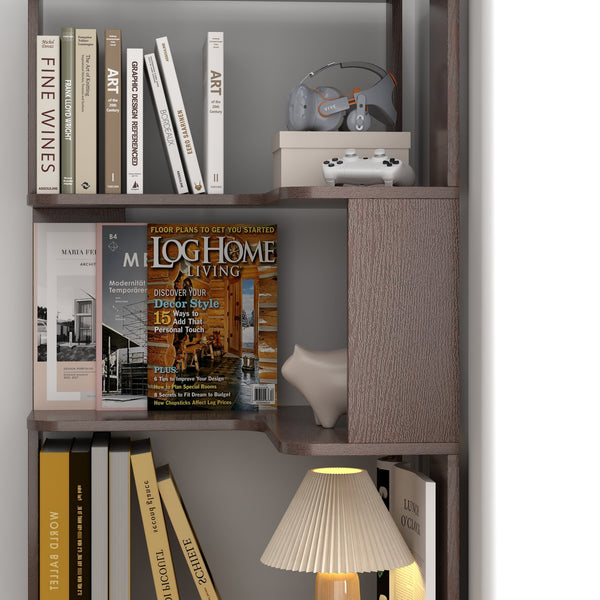 English Elm 6 Tier Freestanding L-Shaped Corner Bookshelf with Anti-Tip, Rounded Corners, 3D Wood Grain Finish Ox Blood Red W2899P372514