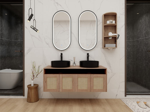 English Elm 48" Floating Bathroom Vanity Oak Finish Dual Ceramic Sinks Four Soft Close Doors W999S00505