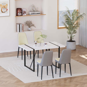 English Elm 55 Inch Industrial Dining Set White Mdf Table Matte Black Legs Four Padded Pu Chairs Beige+Grey,White W2189S00852