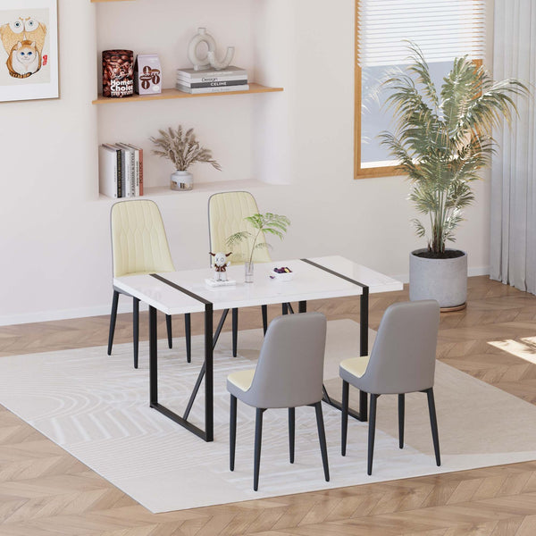 English Elm 55 Inch Industrial Dining Set White Mdf Table Matte Black Legs Four Padded Pu Chairs Beige+Grey,White W2189S00852