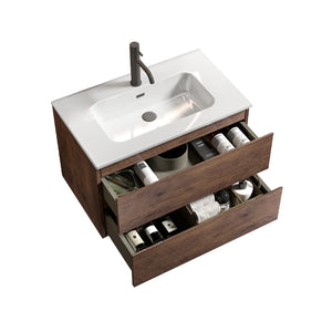 English Elm Alice Floating Bathroom Vanity Rosewood Finish Engineered Stone Basin Triple Drawer W1865S00235