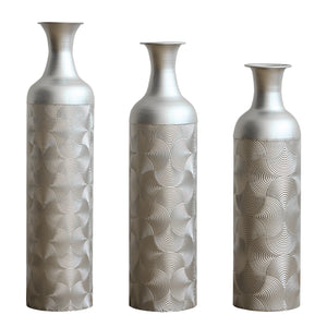 English Elm Silver Metal Floor Vase Trio Etched Wave Pattern Tall Cylinder Set for Modern Decor W2796P386873