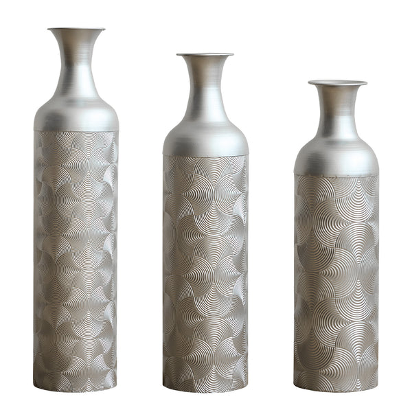 English Elm Silver Metal Floor Vase Trio Etched Wave Pattern Tall Cylinder Set for Modern Decor W2796P386873