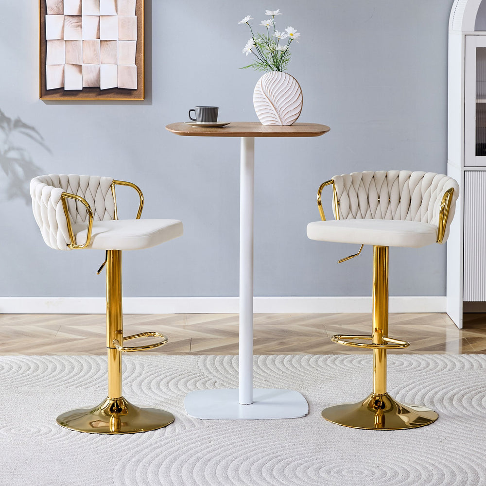 English Elm Set of 2 Velvet Swivel Barstools with Braided Rope Back and Adjustable Pedestal Base Beige,Gold W3875P383938