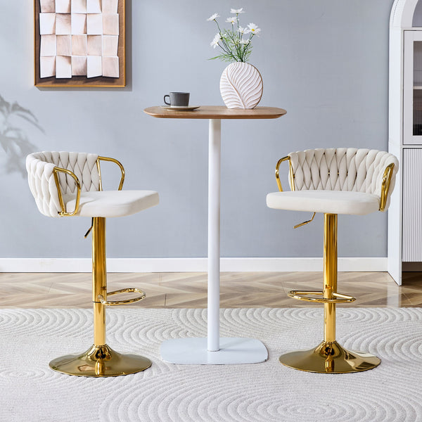 English Elm Set of 2 Velvet Swivel Barstools with Braided Rope Back and Adjustable Pedestal Base Beige,Gold W3875P383938