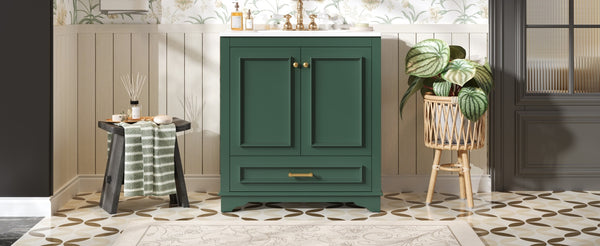English Elm 30" Elegant Bathroom Vanity with Ceramic Sink, French-Inspired Compact Cabinet with Drawer & Shelf Green N710P317676F