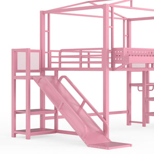English Elm Twin Metal Loft Bed with Built-in Wardrobe Storage Stairs Led Lights and Usb Ports W5316S00048