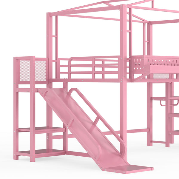 English Elm Twin Metal Loft Bed with Built-in Wardrobe Storage Stairs Led Lights and Usb Ports W5316S00048