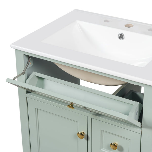 English Elm "24'' 24 Inch Glossy Freestanding Bathroom Vanity with Gold Hardware and Soft Close Storage Green Pinewood N725P375495F
