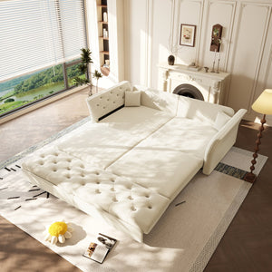 English Elm 74.4" Queen Velvet Sleeper Sofa Artisan Floral Tufted Cushions Converts for Guest Rooms Beige+White W1885S00304