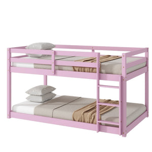 English Elm Solid Rubberwood Twin Over Twin Floor Bunk Bed - Sturdy, Stylish Pink Design With Ladder & Slats W504P191672-GIGA