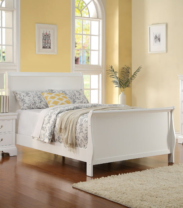 English Elm Modern French Inspired Full Sleigh Bed White Finish Curved Panels Elegant Bedroom Frame B011S01138