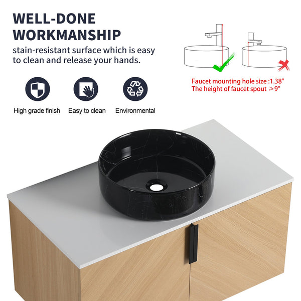 English Elm 36" Modern Wall-Mounted Bathroom Vanity With Ceramic Vessel Sink & Soft-Close Doors, Light Oak Finish W999S00452