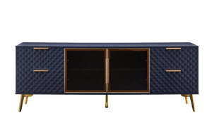 English Elm Deluxe Sculpted Geometric TV Cabinet with Tempered Glass Doors, 4 Drawers, Adjustable Metal Feet, Modern Chic Design Dark Blue W1162P294820