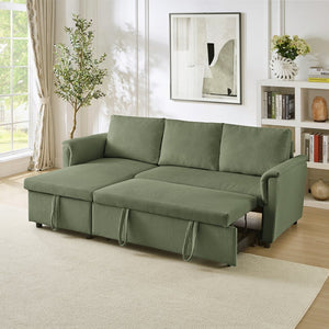 English Elm Loveseat Sectional Sleeper Sofa with Corduroy Tufted Upholstery Storage Chaise Reclining Green W2186S00014
