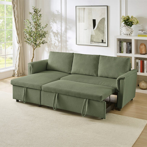 English Elm Loveseat Sectional Sleeper Sofa with Corduroy Tufted Upholstery Storage Chaise Reclining Green W2186S00014