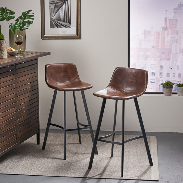 English Elm Christopher Knight Home® - Set of 2 Dax Faux Leather Barstool Brown with Faux Snakeskin Stitching, Cushioned Seat & Steel Legs 57582.00