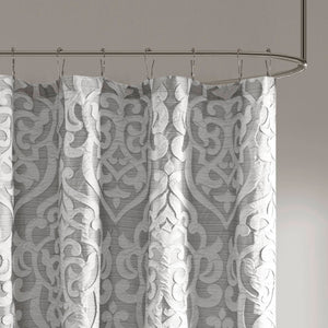 JLA Home Madison Park - Jacquard shower curtain with raised damask medallion weave on stria grey ground, 72x72, washable Silver/Silver MP70-6875